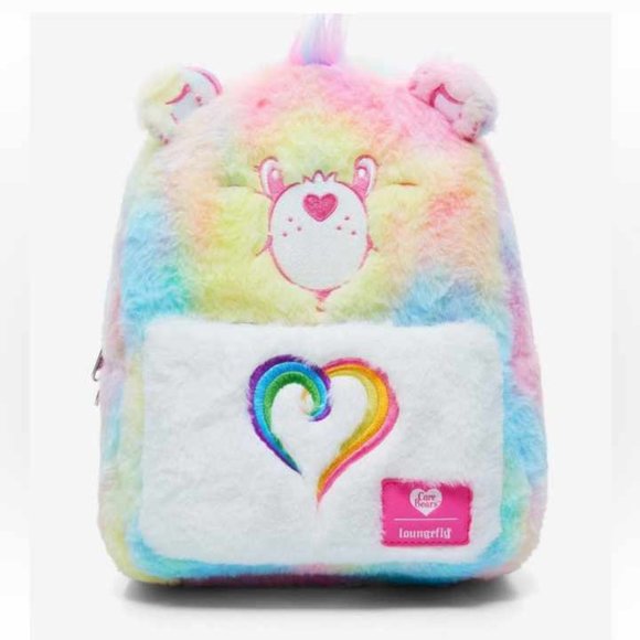 Care Bear Loungefly Fuzzy Pastel Backpack Bag Purse Hot Topic New Tags - Picture 1 of 4